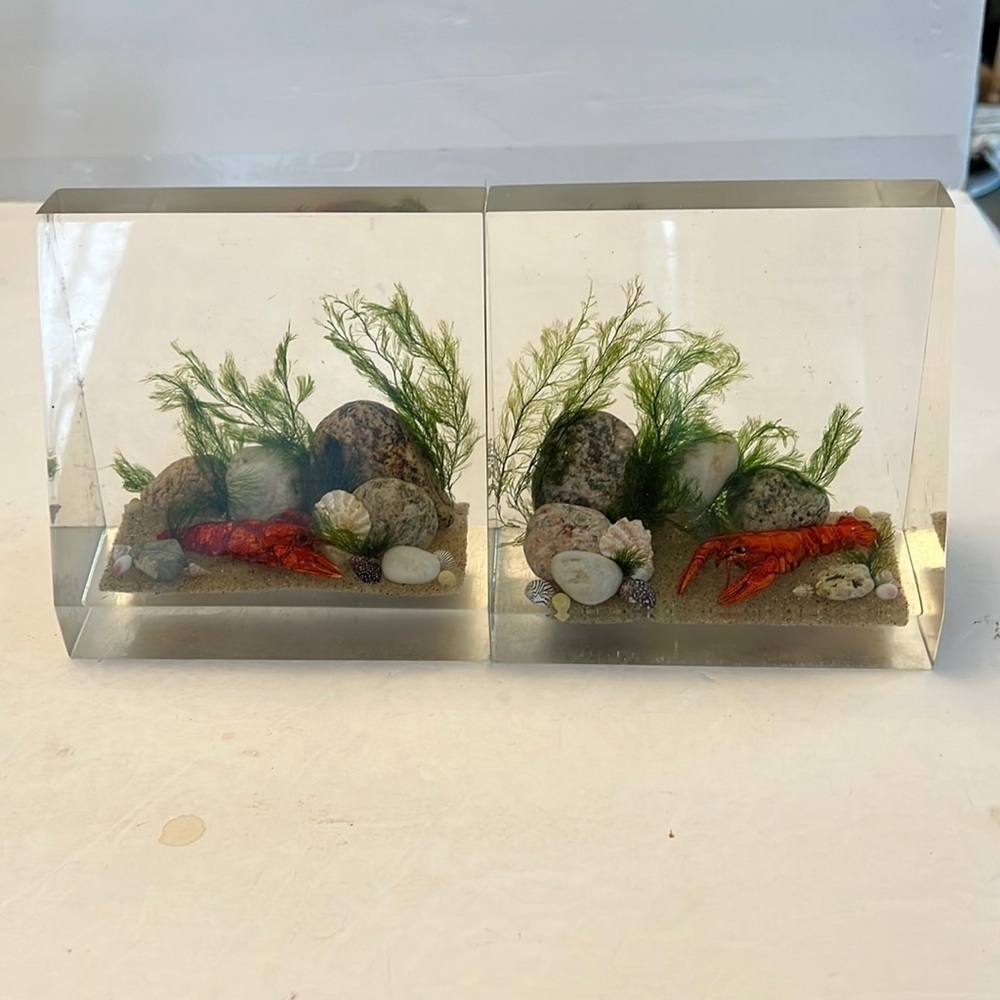 1960s Lucite Book Ends Clear Float TM Ocean Scene Lobsters